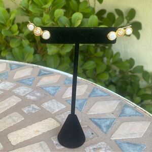 NWOT New Marcia Moran White/Gold Pave Set Rhinestone Ear Climber Earrings 3/4"